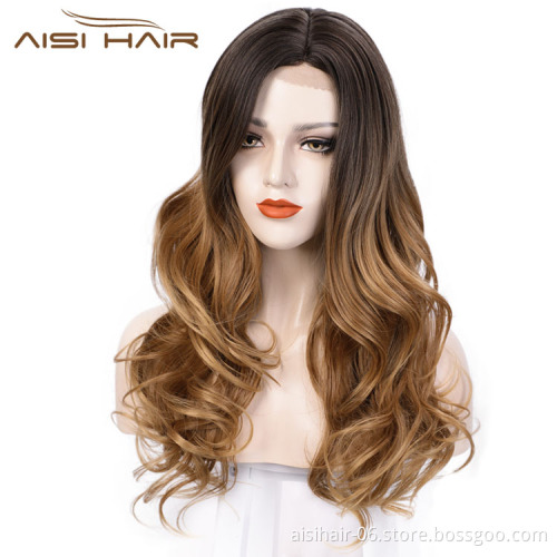 Ombre Brown Curly Wave Hot Selling Wholesale Cheap Vedor Swiss Lace Synthetic Hair For Black Women Lace Front Wig